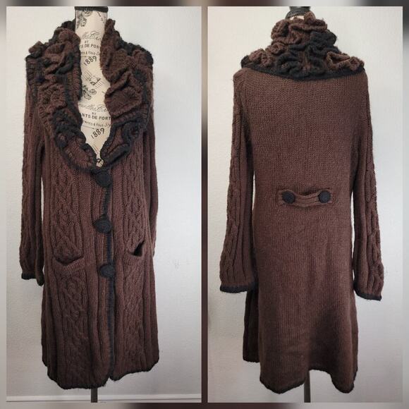 BCBGMaxAzria Sweaters - BCBG Max Azria Duster Long Cardigan Sweater Womens XL Wool Mohair Double Ruffle